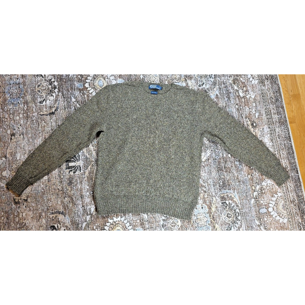 Polo Ralph Lauren VTG Wool Sweater Mens L Green Brown Elbow Patch Pullover